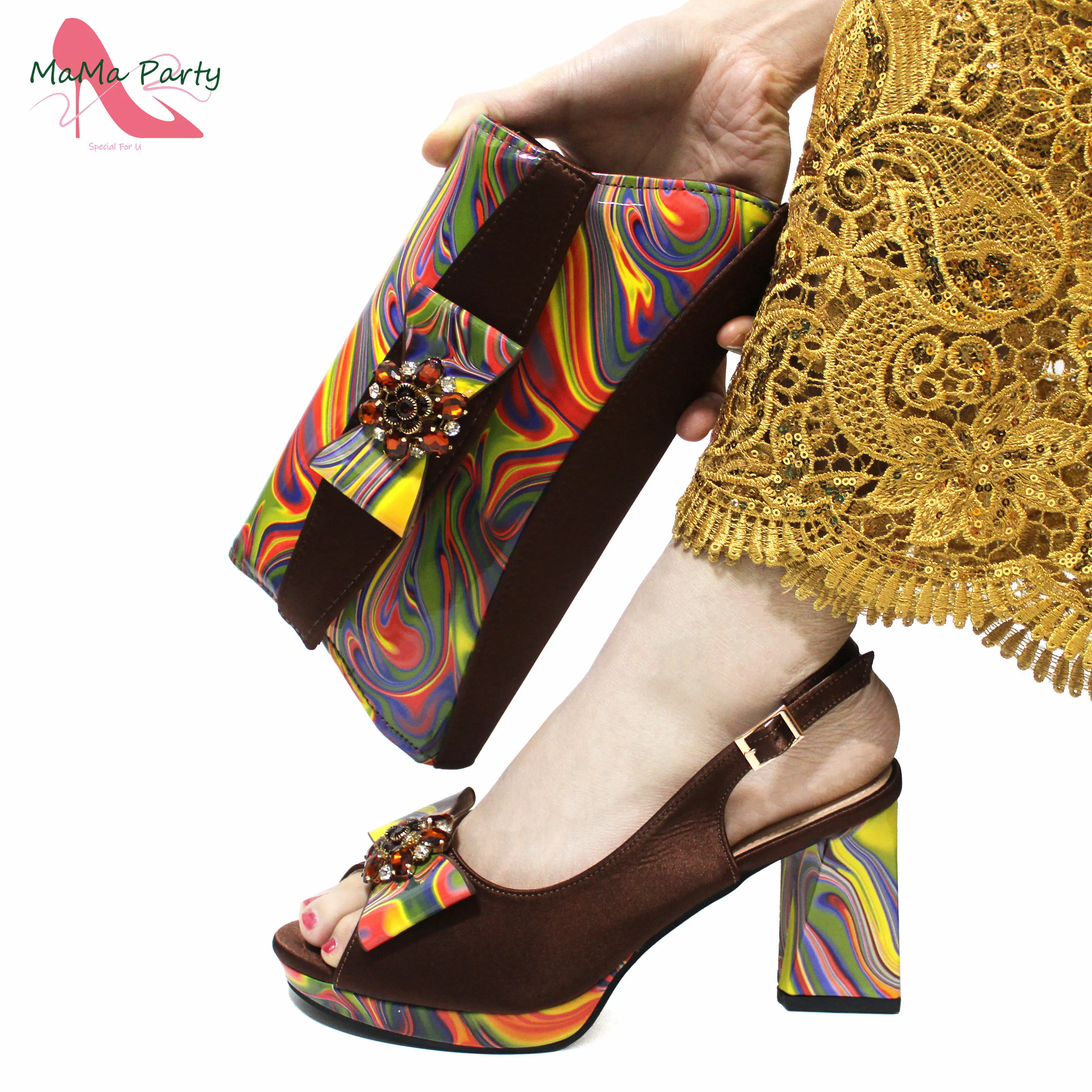 

Coffee New Arrivals Fashion INS Hot Sale 2024 African Women Shoes and Bag Set Super High Heels with Appliques with Crystal
