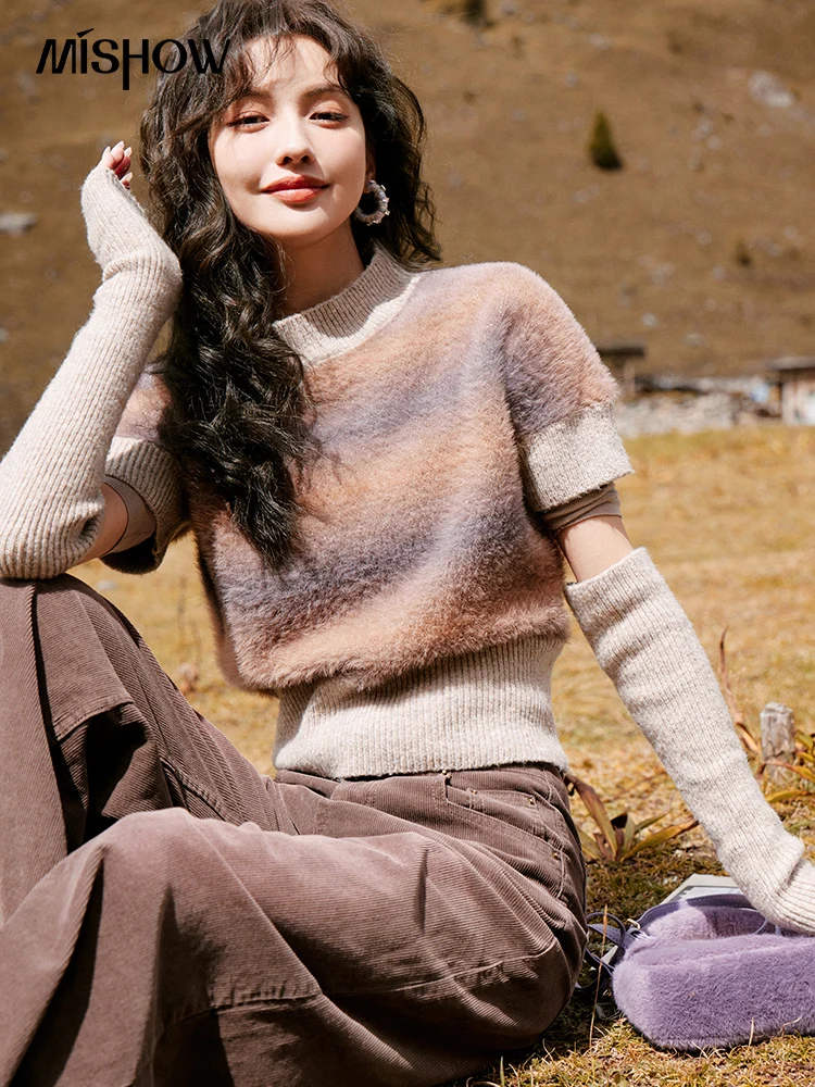 

MISHOW Gradient Short Sleeve Sweater for Women 2023 Autumn Winter Round Neck Short Sweaters Vintage Crop Knitwear Top MXC52Z0347