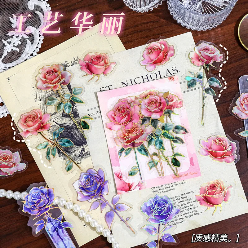 Stickers Scrapbooking Supplies Journamm 10pcs/pack PET Gold Foil Rose Stickers DIY Scrapbooking Creativity Adhesive Hand Made Decorative Junk Journal Supplies