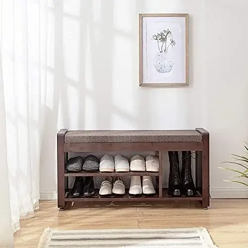 

Shoe Bench For Entryway Hallway 2-Tier Bamboo Cushion Shoe Storage Shelf\u2026