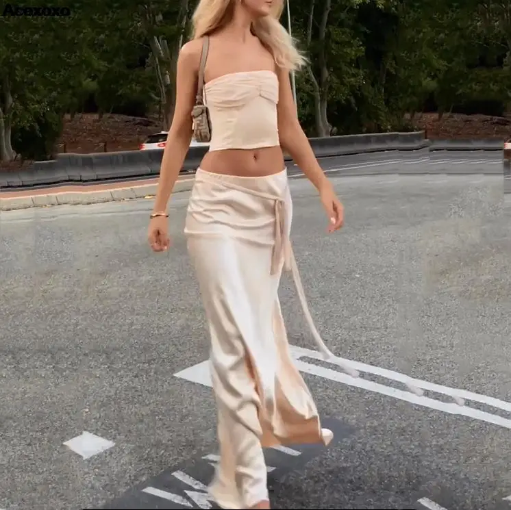 

Summer new women's fashion casual sexy sleeveless breast crop top long skirt suit