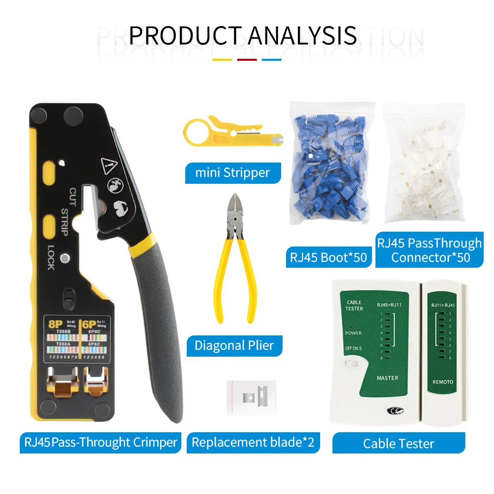 Cat6 패스스루 크림퍼 도구 키트, 와이어 스트리퍼, 대각선 펜치, 커넥터, 부츠 및 교체품이 포함된 RJ45 네트워크 테스터