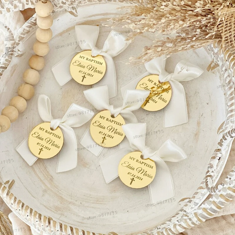 Personalized Acrylic Logo Baby Baptism Decoration Mirror Circle Of Cross Name Custom Gift 20/50/100Pcs Wedding Birthday
