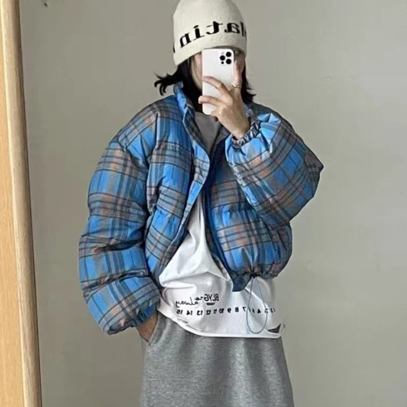 Fashion Plaid Women's Winter Down Jacket Short Small Coats White Duck Down Padding New Outerwear Korea College Style Jacket