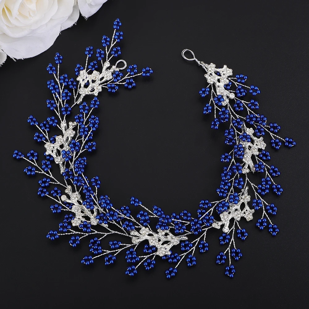 Luxury Handmde Blue Green Pearl Rhinestone Bridal Headband Women Headpiece Guest Wedding Headdress Hair Accessories Party Tiaras