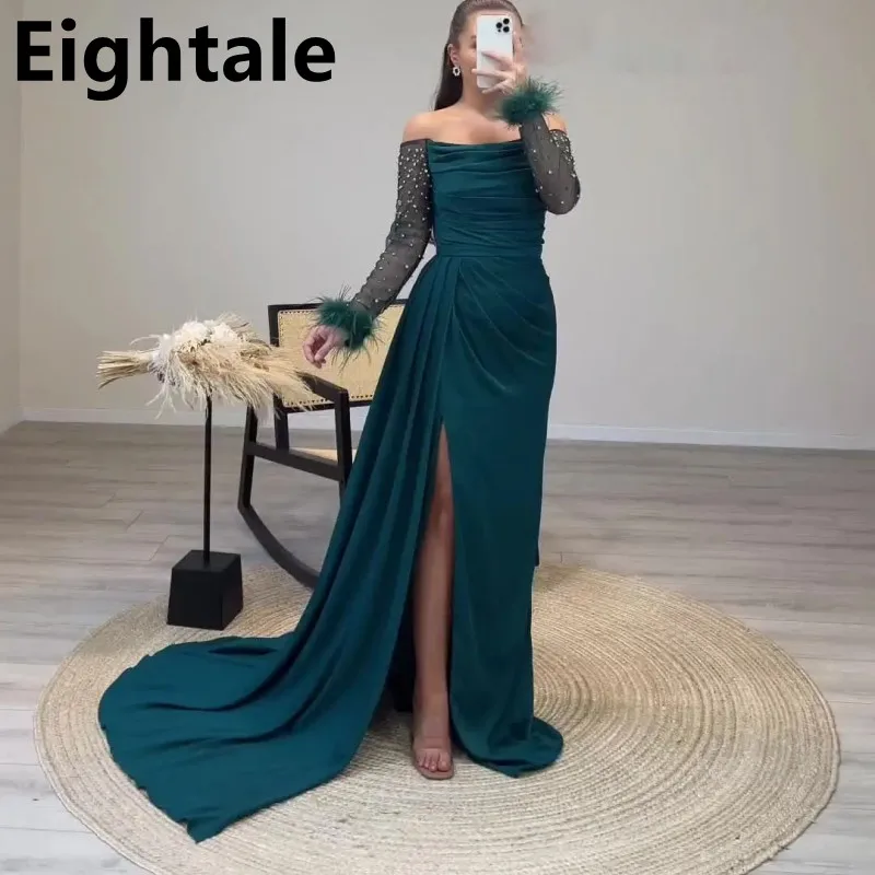 

Eightale Off Shoudler Green Evening Dresses Luxury 2024 Celebrity Feathers Long Sleeve Floor Length Mermaid Prom Party Gown