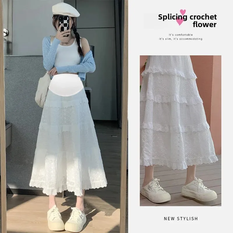 Quality Maternity Lace Embroidery Skirt Spring Summer A- Line Midi Skirt Belly Support Half-length Maternity