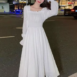 Autumn New Square Neckline Waist Slim Flare Sleeve Dress Women's Solid Shirring Sweet Gentle Temperament A-line Long Dresses