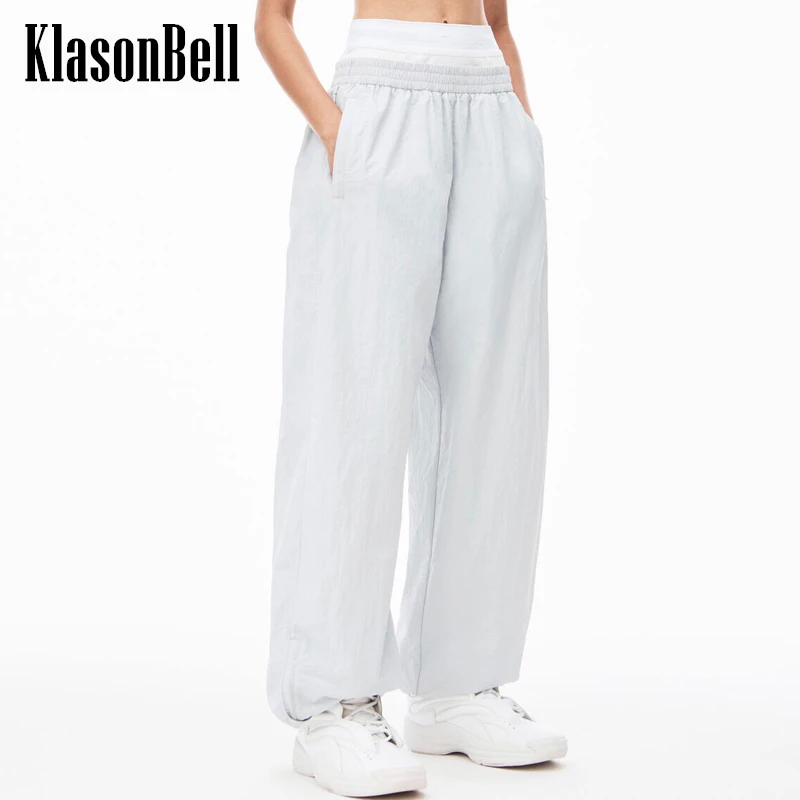 

5.2 KlasonBell Fashion All-matches Striped Elastic Double Waist Sports Trousers Women's Fake Tow Piece Hem Zipper Casual Pants