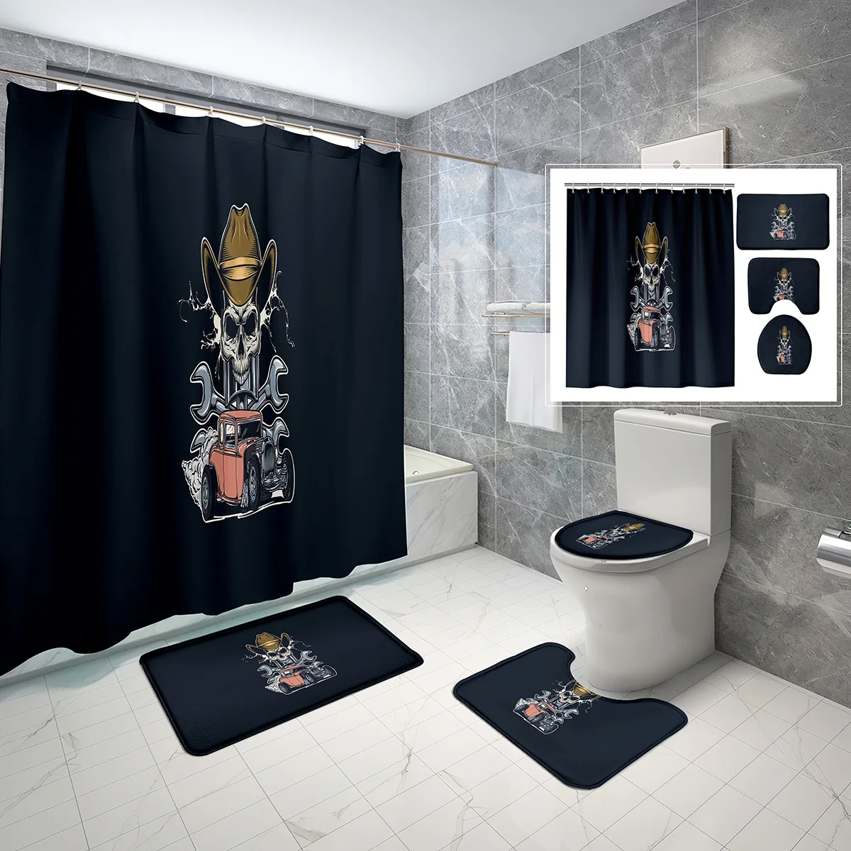 4 Pcs Skull Shower Curtain Sets with Toilet Lid Cover and Bath Mat Fantasy Horror Dark Evil Art ...