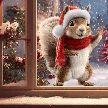 1PC Christmas Squirrel Static Cling Window Sticker Waterproof Glue-free Vinyl Decal for Living Room Bedroom Bathroom Door Glass