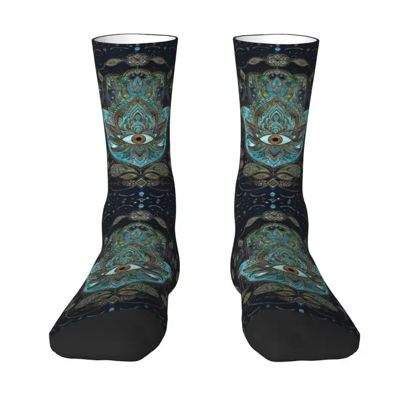

Funny Fatima Hand Sports Socks for Men and Women, Blue Gems, 3D Printing, Hamsa Hand, Eevil Eye, Warm, Basketball
