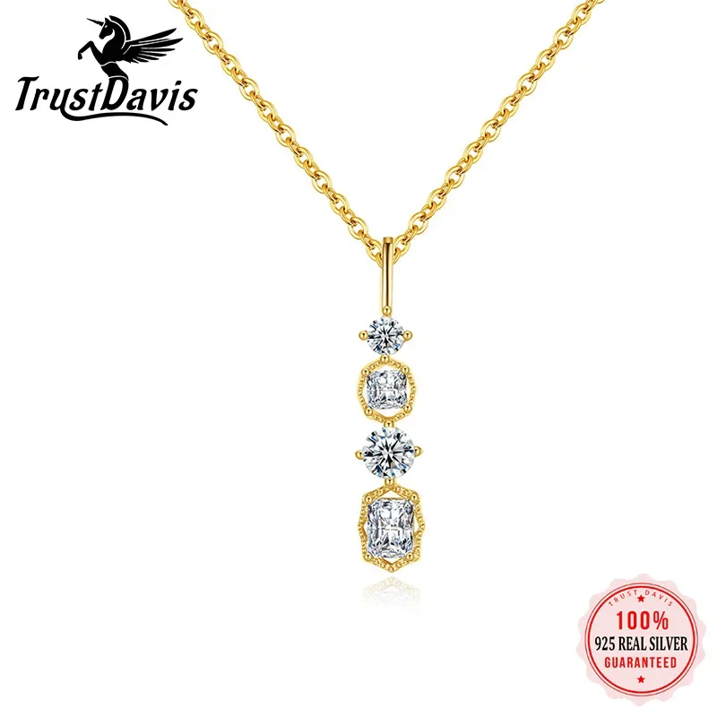 

TrustDavis 925 Стерлинговое серебро квадратный стержень Цирконий Кулон 14K позолоченное ожерелье для женщин легкие Роскошные модные ювелирные изделия подарок L126