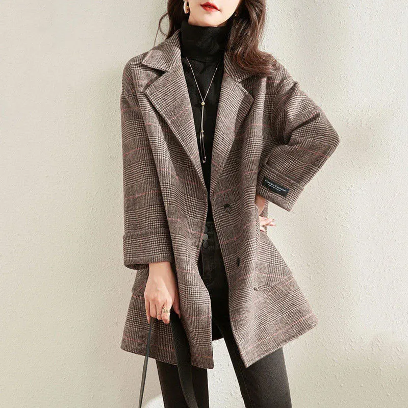 

Woolen Coat for Women 2023 Autumn and Winter New Mid-Length Graceful and Fashionable Plaid Suit Woolen Coat