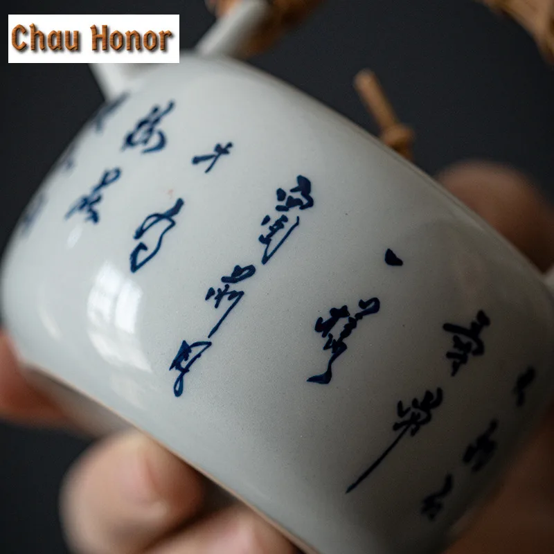 200ml Retro Handwritten Poems Art Teapot Household Tea Making Kettle Ceramic Rattan Beam Lifting Handle Pot Kung Fu Teaset Gift