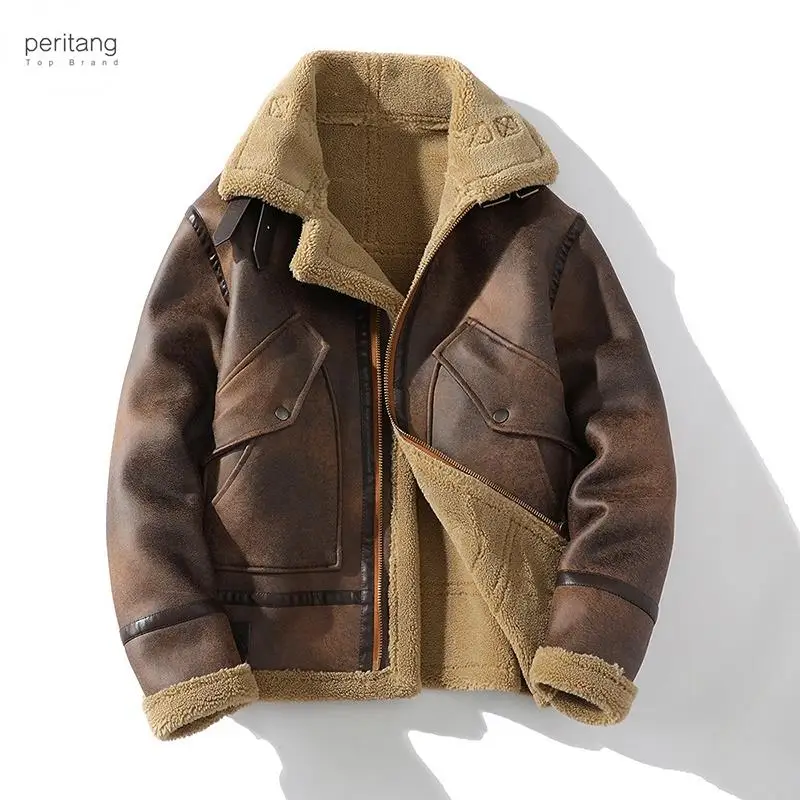

PERITANG High Quality Men Suede Leather Thick Jacket Winter Warm Outwear Patchwork Faux Lamb Wool Fur Coat Plus Size M-5XL
