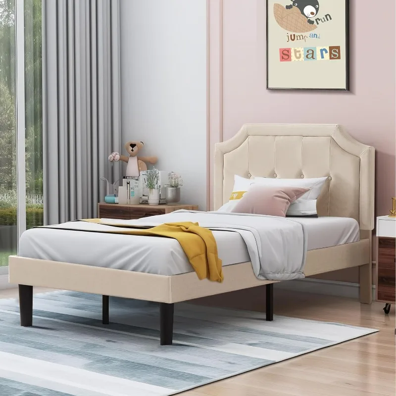 

Upholstered Platform Twin Bed Frame With Adjustable Headboard,Wooden Slats Support,No Box Spring Needed,Modern Bedroom Furniture