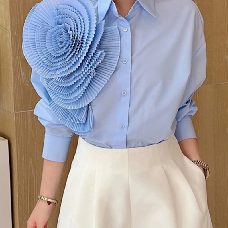 Spring Autumn New POLO Collar Fashion Long Sleeve Shirt Women High Street Casual Loose Button Cardigan Pleateds Patchwork Tops