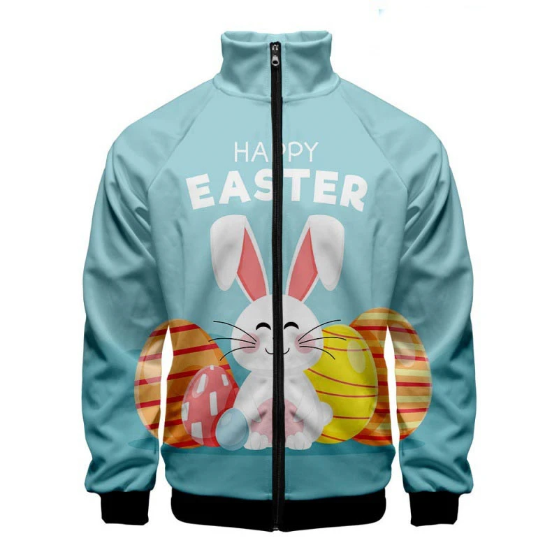 thumbnail image 1 of Chaqueta con cremallera y estampado 3D de Pascua en el oeste, divertida chaqueta de manga larga, cuello alto, ropa de moda, abrigo informal de talla grande para hombre, 1 of 5