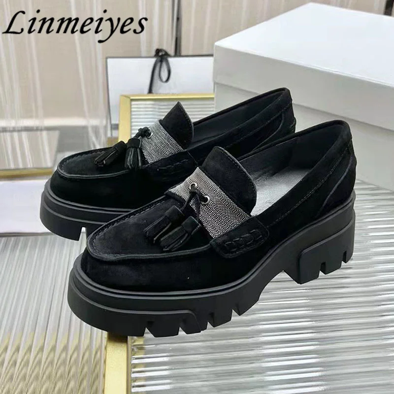 

Hot Sales Thick Sole Loafers Women Cow Suede Round Toe Walk Shoes Female String Bead Fringe Flat Shoes Casual Shoes Woman