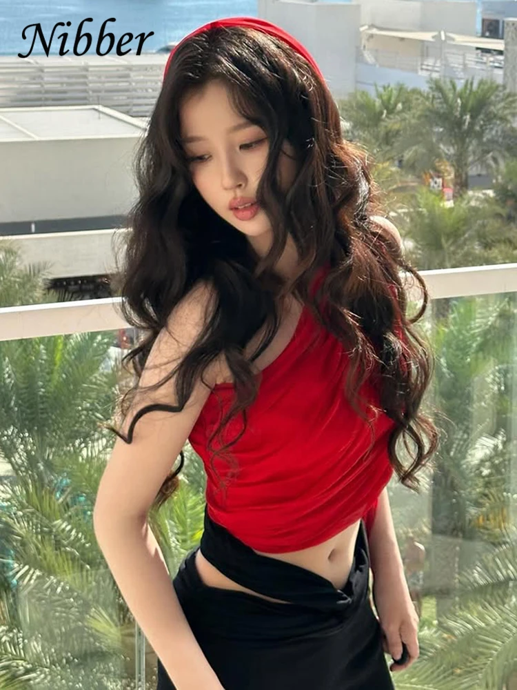 Nibber Streamer Woman One-Shoulder Vest Mesh Streetwear Solid Ruffles 2025 Summer Trend Hip Hop Charming Hot Chick Mini Tops