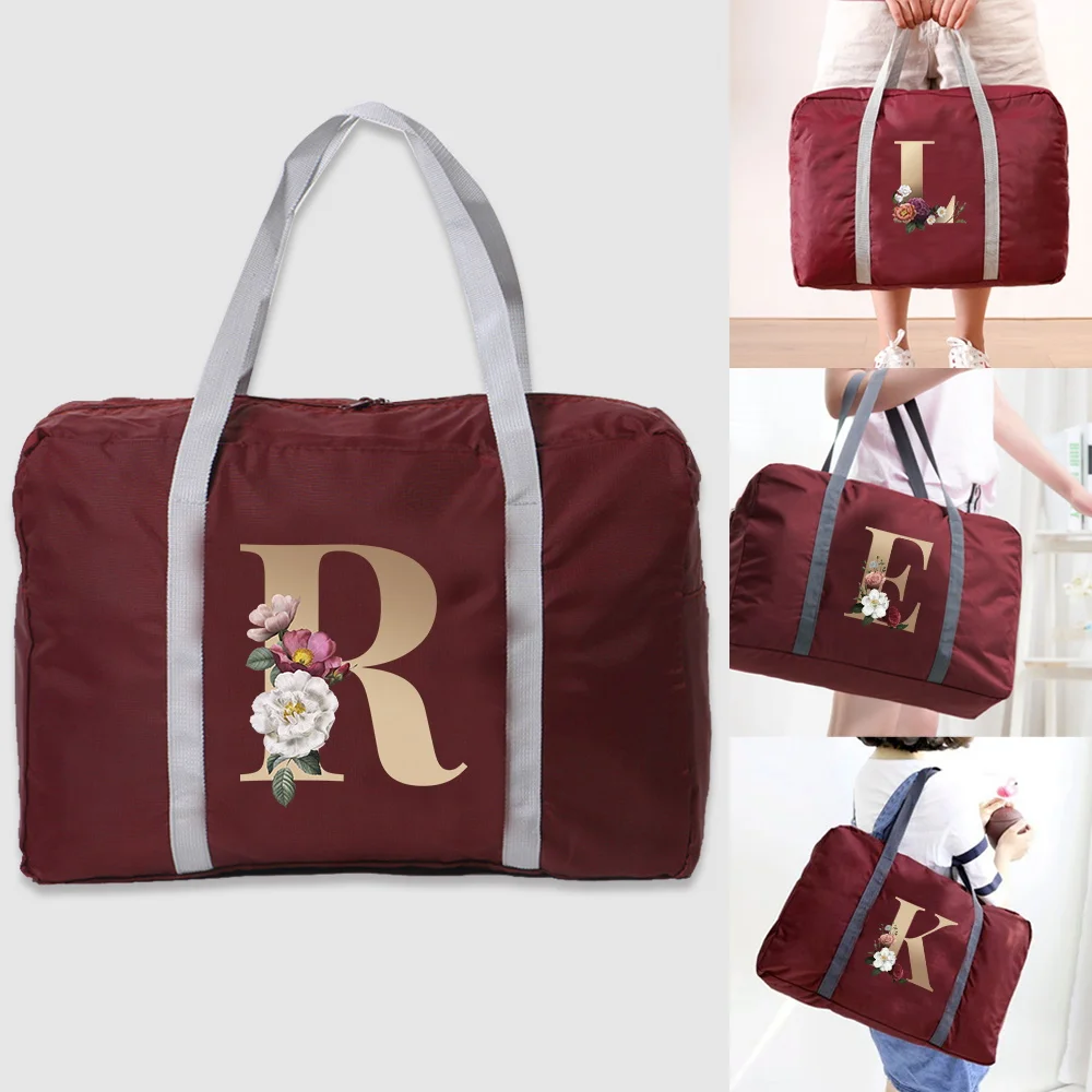 

2022 New Nylon Foldable Travel Bags Women Large Capacity Bag Luggage Unisex WaterProof Handbags Gold Letter Pattern Travel Bags
