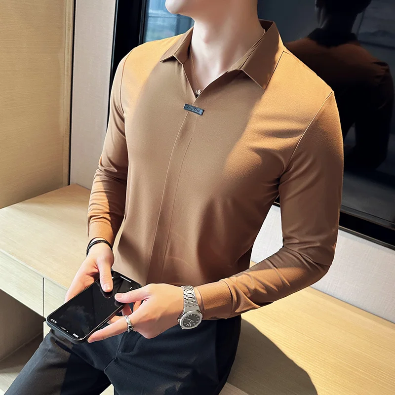 

Autumn New High Elastic Long Sleeve Polo Shirts For Men Clothing 2023 Turn Down Collar Slim Fit Ice Silk Casual Tee Shirt Homme
