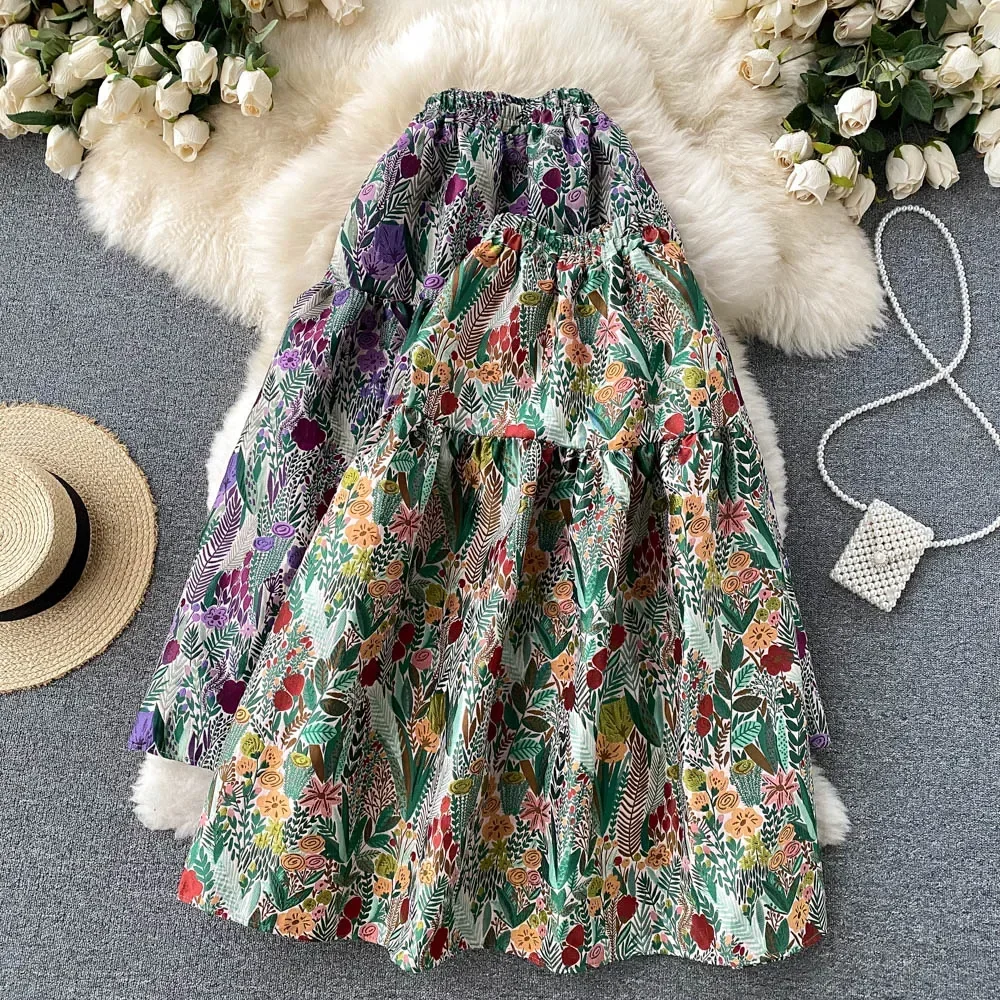 

Women Chic Print Pleated High Waist Full Party Fashion Vintage A-Line Skirt Autumn Winter Clothing