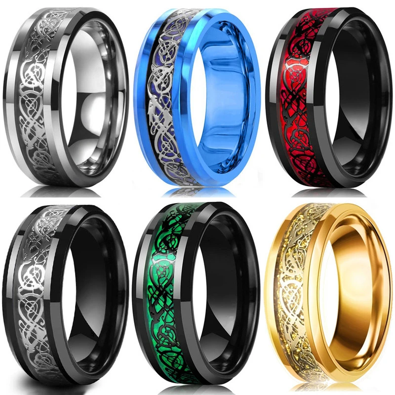10 Colors 8mm Men's Stainless Steel Celtic Dragon Ring Inlay Red Green Black Carbon Fiber Wedding Band Jewelry Size 6-13