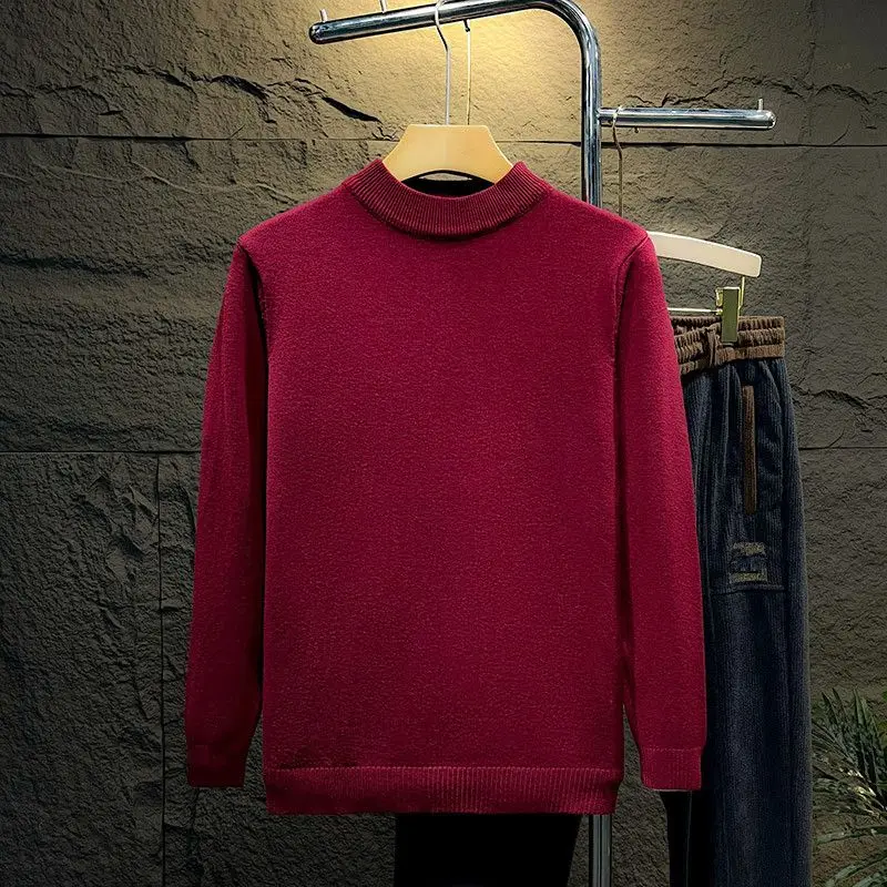 Autumn Winter Men's Clothing Solid Color Pullover Sweater Knitted Half High Collar Screw Thread Flocking Boyfriend Retro Tops 4
