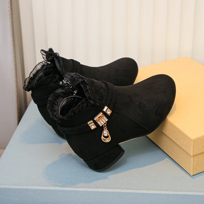 Black Ankle Boots with Rhinestone Buckle for Girls