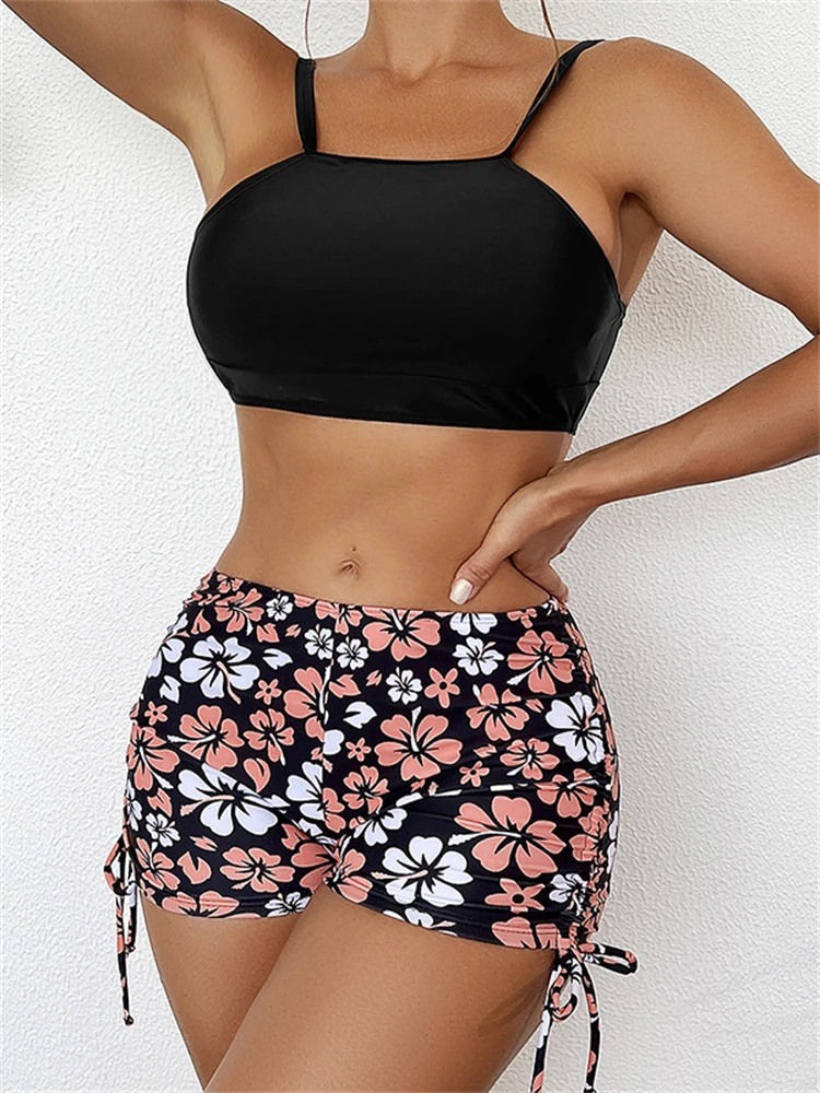 Bikini Women Swimsuit 2024 New Solid And Print Bikinis Set Sexy Boxer Shorts Swimwear Summer Two Piece Beach Bathing Suit Female
