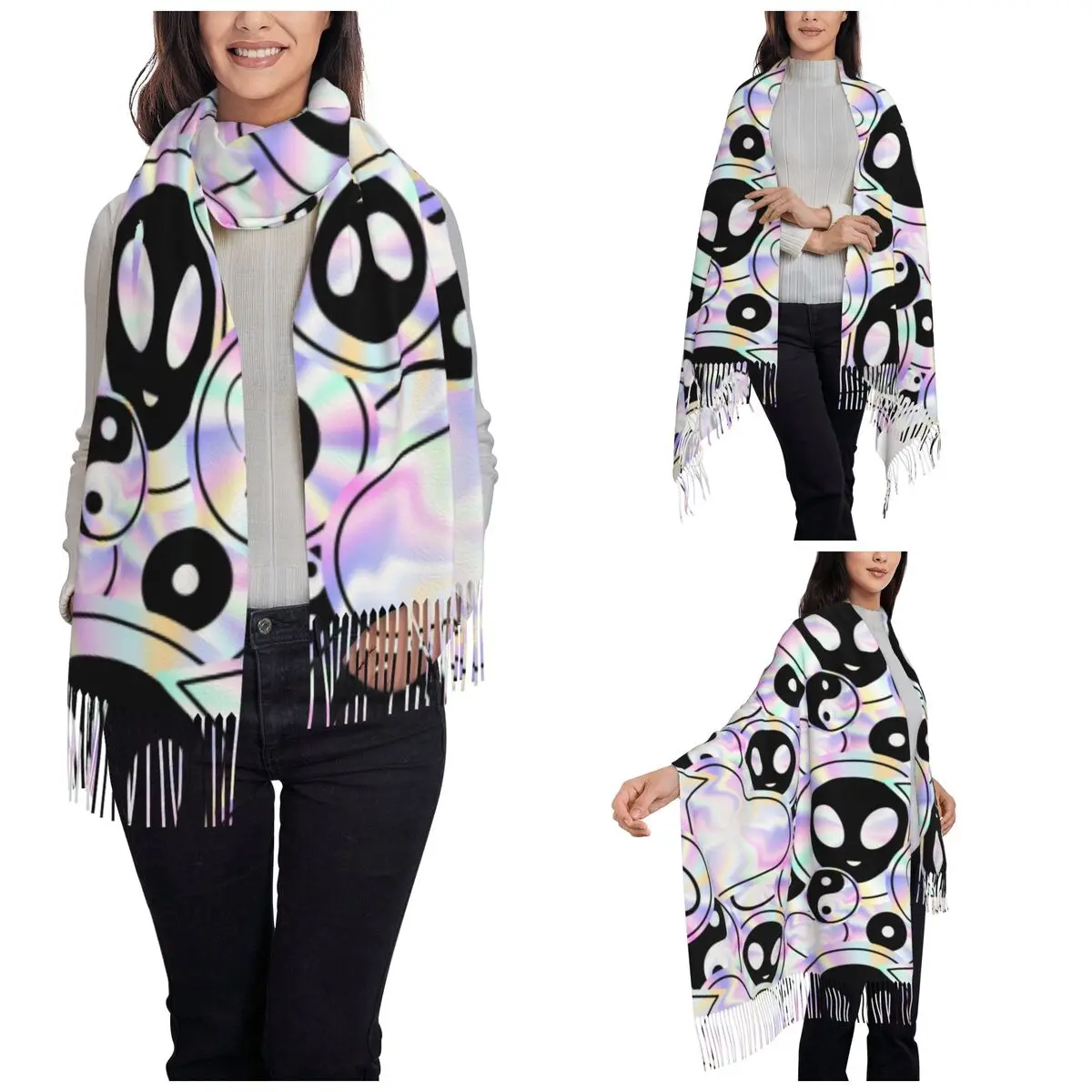 Women Tassel Scarf Psychedelic Style Alien Long Super Soft Shawl and Wrap Trippy Holographic Aliens Daily Wear Pashmina Scarves 2