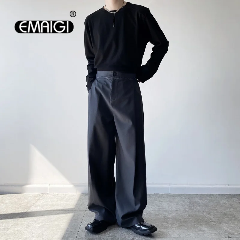 

Men Cut Open Line Loose Casual Wide Leg Pants Net Celebrity Streetwear Fashion Vintage Straight Suit Pants Long Trousers