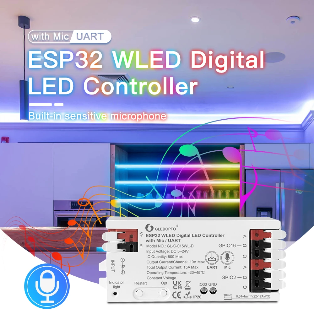 Светодиодный контроллер GLEDOPTO ESP32 WLED, микрофон, UART, скачивание музыки, динамический звук RGB, DIY, Wi-Fi WS2811 WS2812 SK6812 TM1814 WS2813 WS2815