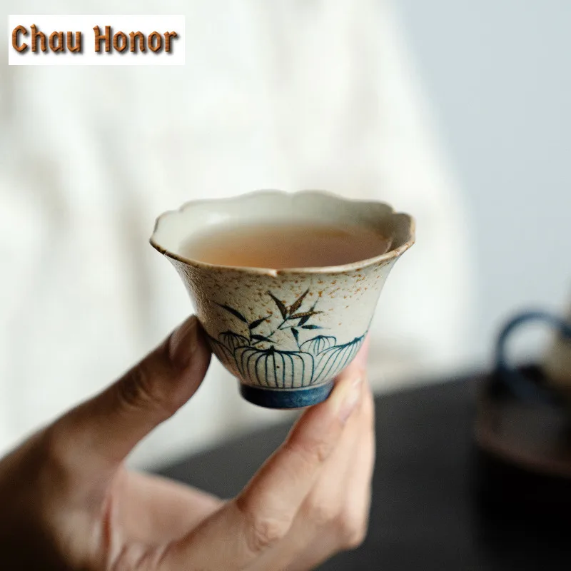 60ml Handmade Gold Drawing Bamboo Ceramic Teacup Blue And White Flint Red Host Cup Personal Beautiful Mug Meditation Tea Bowl
