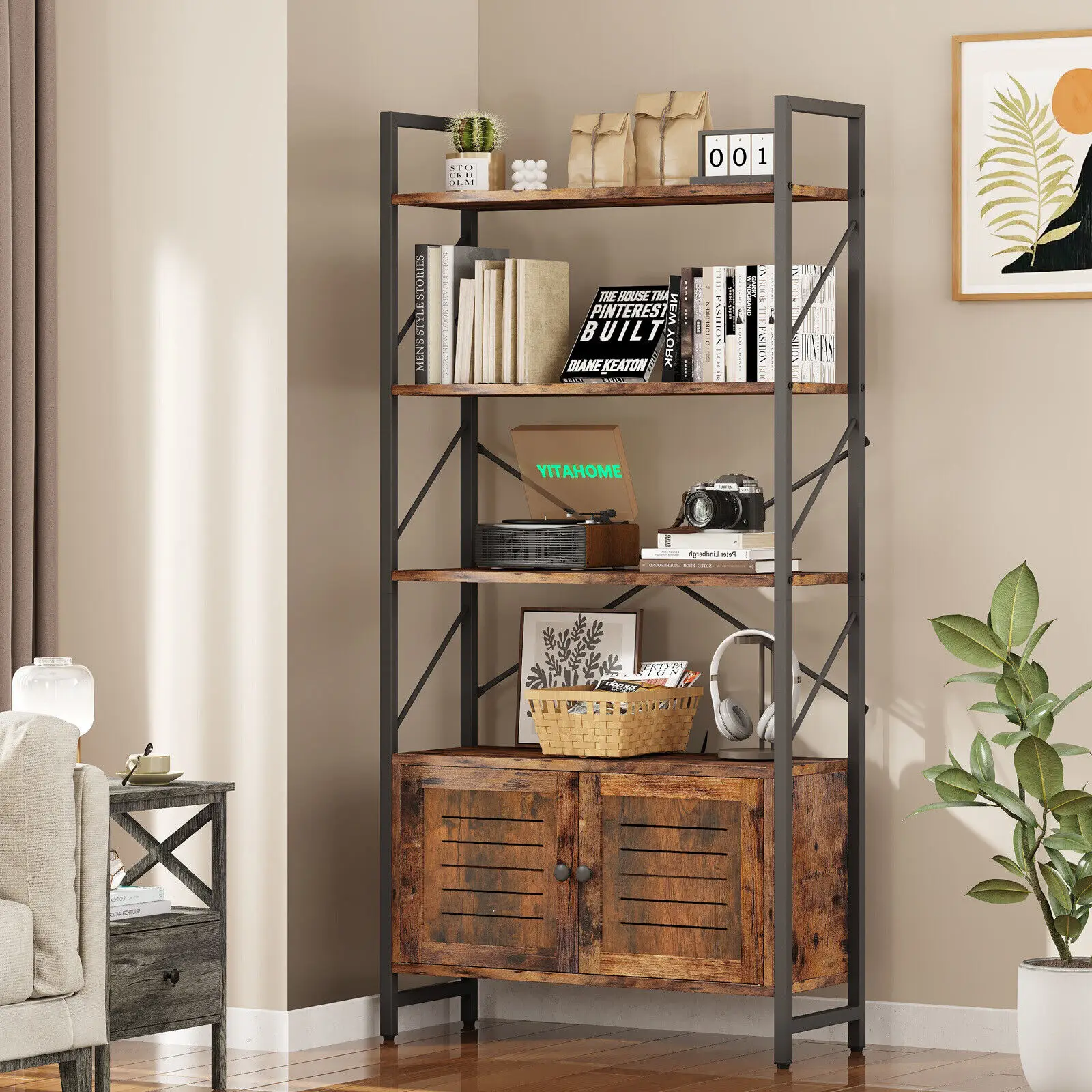 

5-Tier Bookshelf with Doors Storage Cabinet Open Display Shelving Bookcase Book Shelf Furniture Brown