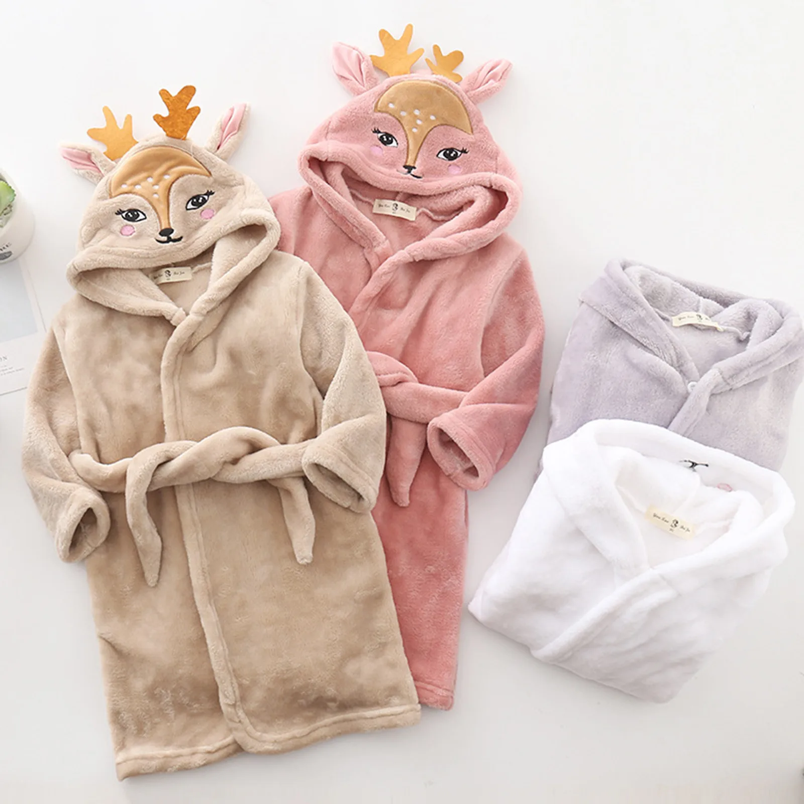 Kids Baby Boys Girls Pajamas Cartoon Bathrobes Hooded Warm Flannel Night-Robe Sleepwear