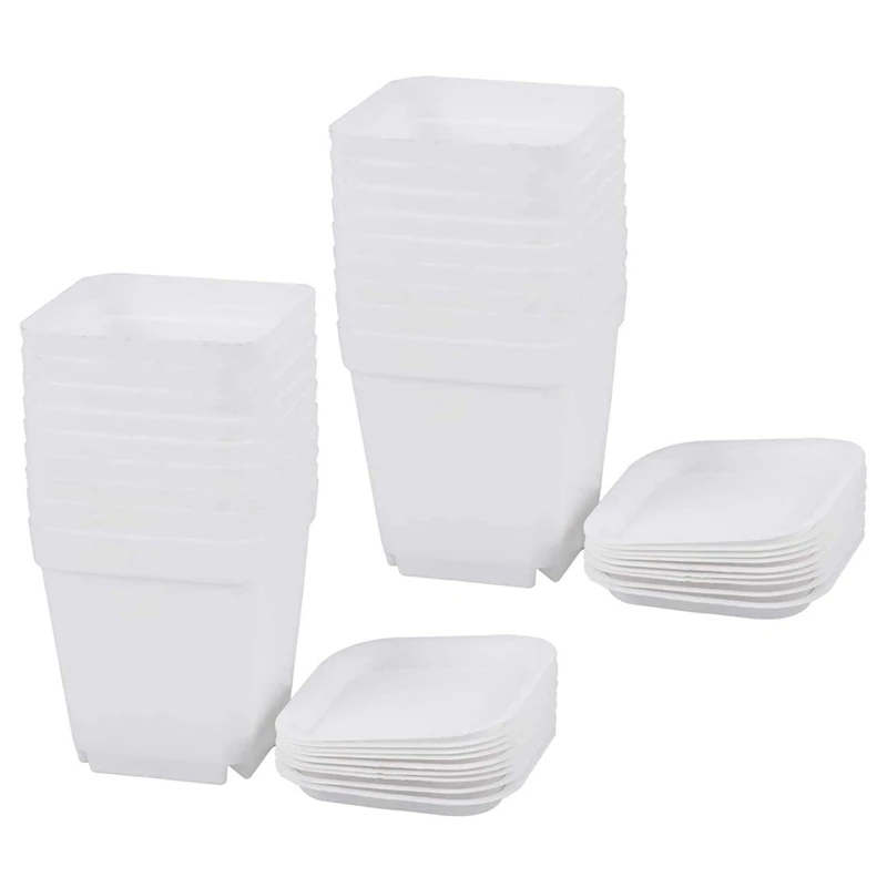 

AT14 100 Pack 2.7Inch White Square Plastic Plant Pots With Saucer,Seedling Nursery Transplanting Planter Container For Garden