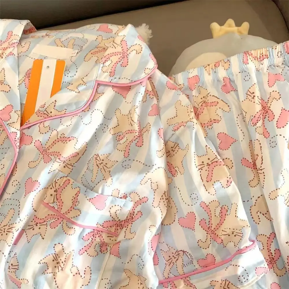 Pink Cat Stripe Women Pajamas Leisure Homewear Cartoon Sleepwear for Girls 3 Pieces Pijama Set Party Pyjama Kawaii Nightgowns