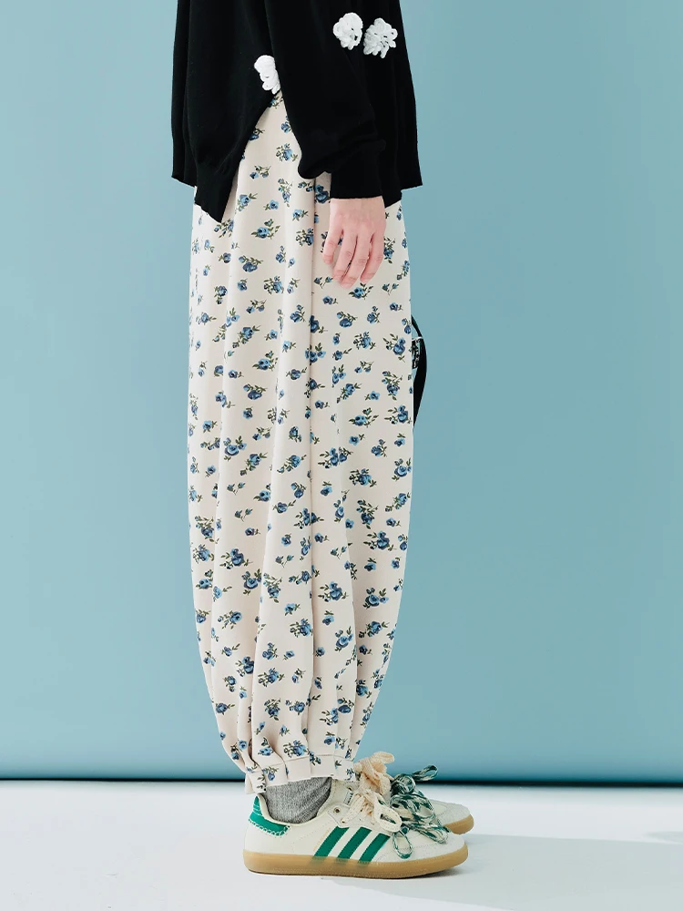 IMAKOKONI original design elastic waist floral loose casual fashionable wide leg pants 244886