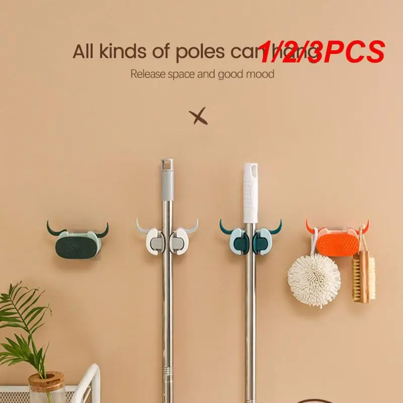 

1/2/3PCS Ox Head Hanging Wall Mop Rack Hook Traceless Toilet Bathroom Storage Broom Rack Bathroom Non Perforated Mop Clip Home