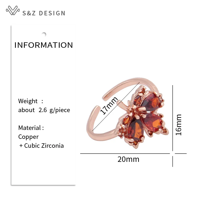 S&Z DESIGN New Fashion Cubic Zirconia Leaf Red Maple Adjustable Rings For Women Wedding Elegant 585 Rose Gold Color Jewelry Gift