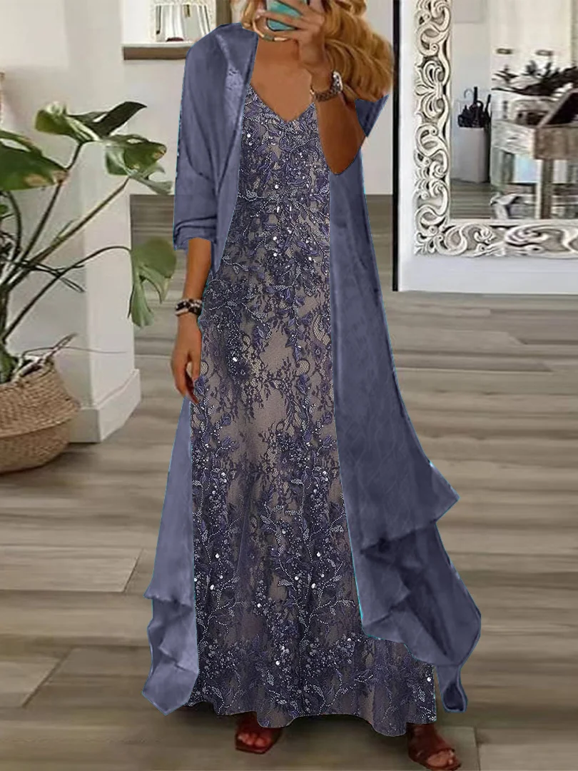 

Plus Size Women's Long Sleeve V Neck Floral Print Two Piece Maxi Dress