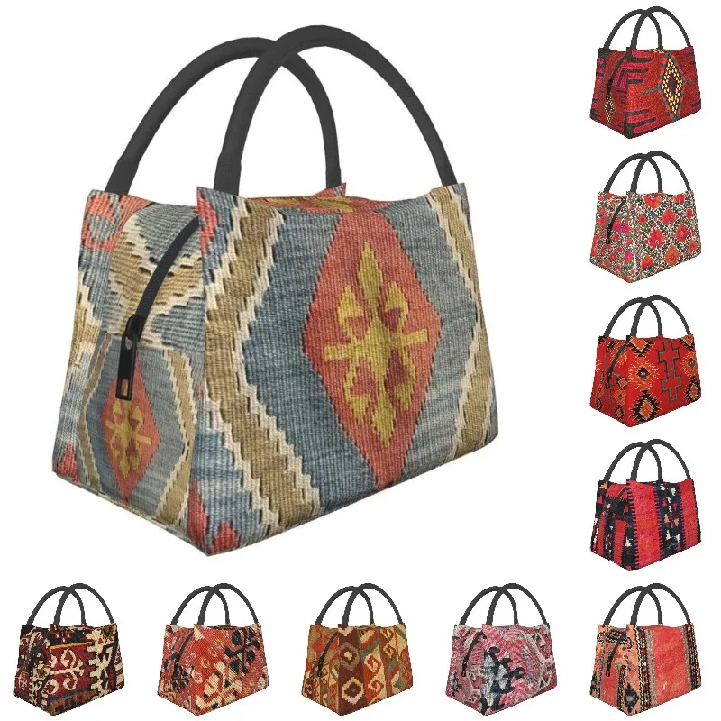 

Navaho Weave Turkish Ethnic Kilim Thermal Insulated Lunch Bags Women Vintage Persian Antique Tribal Portable Lunch Food Box