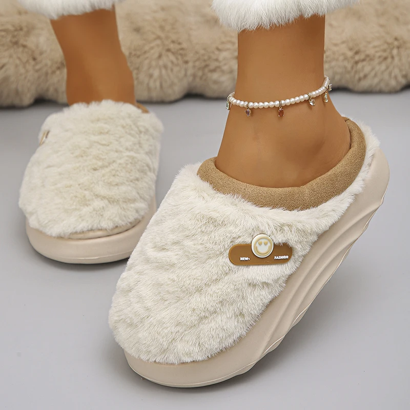 2025 Winter Indoor Cotton Slippers Women Lightweight Thick Sole Fluffy Fur Slides Woman Comfortable Non Slip Home Slippers 45