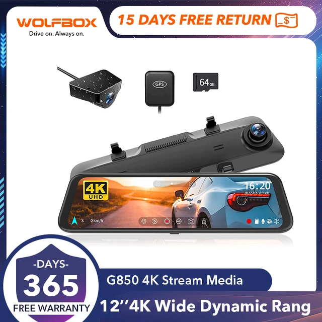 WOLFBOX G850 4K Mirror Dash Cam: 12'' Rear View Mirror Camera for Car,Dual Dash  Cameras Front and Rear,Super Night Vision,Parking Monitoring,Reversing  Assistance,32GB TF Card & GPS 
