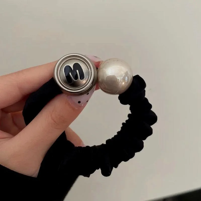 1PC　Chic Black Hair Scrunchie with "min min" Metal & Pearl Accents, Durable Elastic Hair Tie for Women, Trendy Hair Accessory