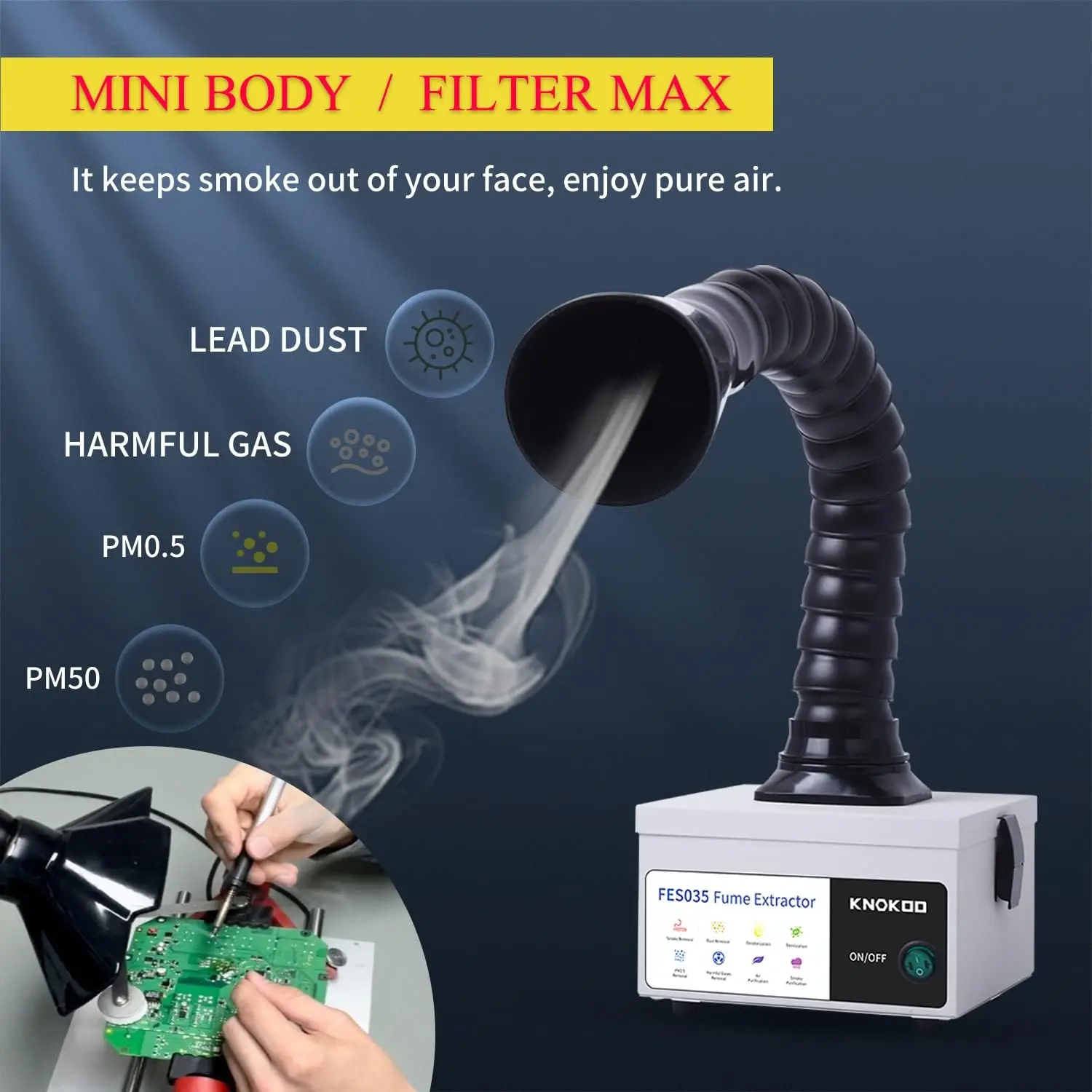 35W Fume Extractor Welding Smoke Absorber Collector FES035 Desktop Fumes Purifier for Phone Repair and Soldering KNOKOO