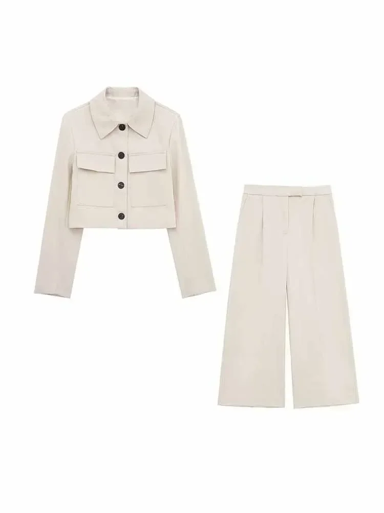 

Women 2024 New Fashion Pocket decoration Cropped Single Breasted Casual Blazer Coat Vintage Long Sleeve Female Outerwear Chic